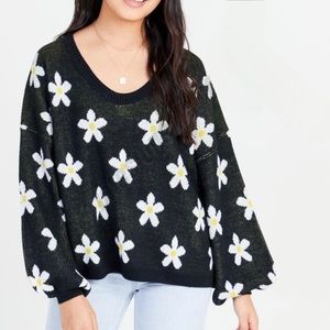 Altar'd State Oversized Black Daisy Long Sleeve Sweater - Size Large